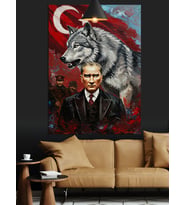 Kurt Ve Bayrak Önünde Mustafa Kemal Atatürk Dekoratif Kanvas - Mdf Ahşap Tablo
