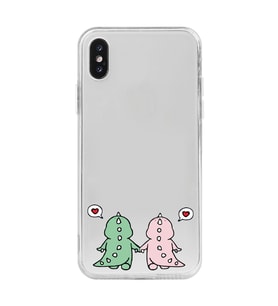 Iphone X ve XS Uyumlu Kalpli Dinazor Çiftler Tasarımlı Şeffaf Telefon Kılıfı