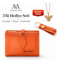 Ayleen Ayz Kişiye Özel Kadın Hediye Seti – İsimli Cüzdan + Kolye + Anahtarlık  3’lü Şık Hediye Seti (Turuncu)