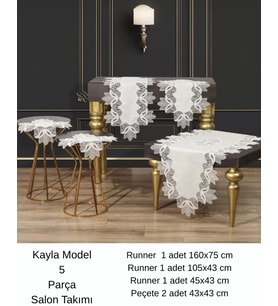 Salon Takımı 5 Parça Keten Masa Örtüsü Runner Seti Çeyizlik Kayla Model No 22252 Krem-Gümüş