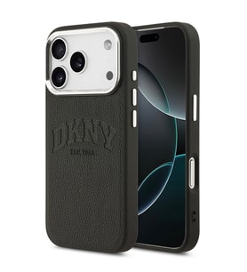 Apple iPhone 17 Pro Uyumlu Kılıf DKNY Orjinal Lisanslı M-safe Şarj Özellikli PU Deri Kabartmalı Kapak (Siyah)