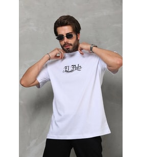 Erkek Kısa Kol Yazlık Tişört Bisiklet Yaka Baskılı Oversize T-Shirt - Beyaz