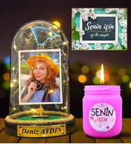 Kişiye Özel Led Işıklı Fanus ve Renkli Mis Kokulu Mum Hediye Seti DN1 (Model 1)