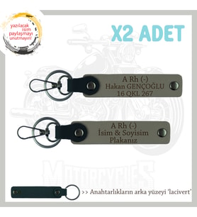 Motorcu Kuryelere Özel, İsim Plaka ve A Rh (-) Kan Grubu Yazılı x2' li Anahtarlık Set, Kül Gri-Laci