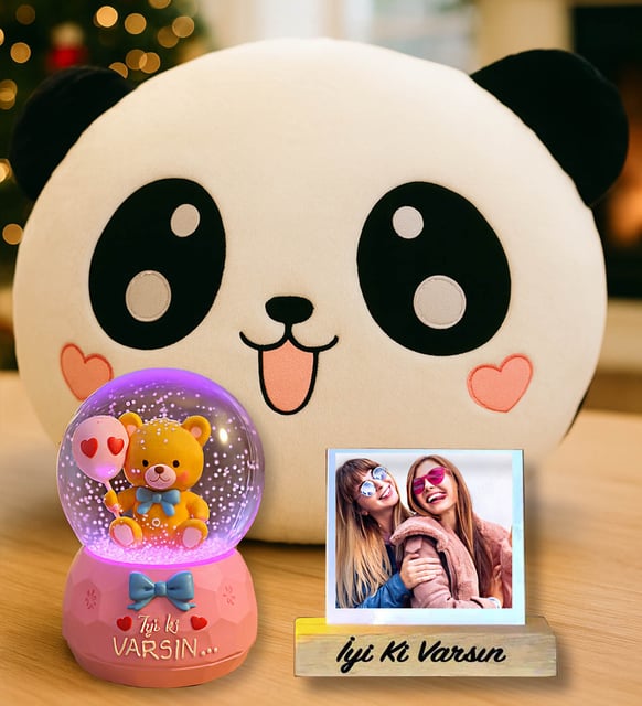 Kişiye Özel Panda Yastık & İyi Ki Varsın Balonlu Ayıcık Işıklı Kar Küresi