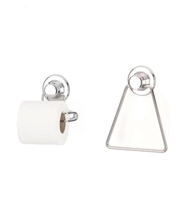 Hem Vakumlu Hem Vidalı Banyo Aksesuarı 2 li Set Üçgen Havluluk + Tuvalet Kağıtlığı (Gümüş)