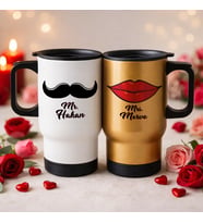 BK Gift Kişiye Özel Sevgili Çift Tasarımlı 2’li Kulplu Beyaz&Gold Çelik Termos Mug 450 ml -15, Sevgiliye Hediye, Sevgililer Günü Hediyesi