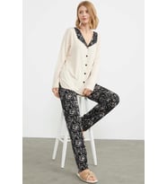 Açık Yaka Düğmeli Pijama Takım - Bej