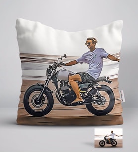BK Gift Kişiye Özel Tam Boy Motosikletli Adam Karikatürlü Beyaz Yastık-1