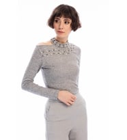 8490936 Yumoş Tek Omuzu Açık İncili Bluz GRI (Gri)