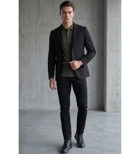 Siyah Siyah Mono Yaka Gofreli 6 Drop Slim Fit Esnek Ceket 1002260150