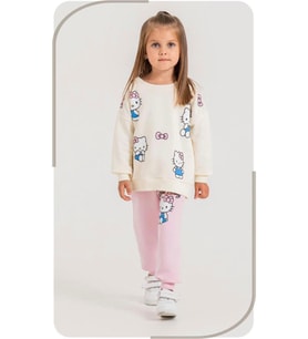 Pembe Eşofman Baskı Detaylı 3 İplik Sweatshirt & Eşofman Kız Çocuk Alt Üst Takım