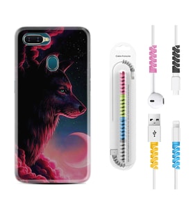 Oppo A5S A15 A16 A54 A55 A73 A74 Kılıf Kablo Koruma Spiral Silikon Wolf and Moon 1380