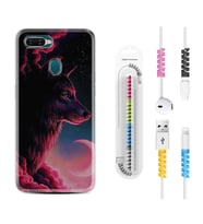 Oppo A5S A15 A16 A54 A55 A73 A74 Kılıf Kablo Koruma Spiral Silikon Wolf and Moon 1380