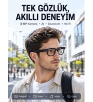 Siyah 8 MP Kameralı Akıllı Gözlük Bluetooth Wi-Fi Bağlantılı Fotoğraf Video Ses Kayıtlı AI Destekli 3 Lensli