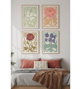 Art Nouveau Çiçek Desenleri Dekoratif 4’lü Ahşap Çerçeveli Tablo Seti - Yatak Odası Dekor