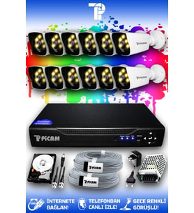 PICAM 12 Kameralı Kare 12 Dış Kamera Set 1 TB HDD Full HD Renkli Gece Görüşlü Güvenlik Kamerası Sistemi