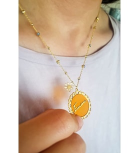 925 Ayar Gümüş Gold Kaplama Mineli Göz Zincir Kalp Çerçeveli Isimli Mineli Kolye