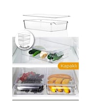 1 Adet Kapaklı Akrilik Buzdolabı Düzenleyici Saklama Kabı Organizer Meyve Sebze Saklama Kabı ( 32 x20x7 cm)