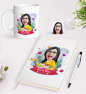 BK Gift Kişiye Özel Kadın Kimya Öğretmeni Karikatürlü Beyaz Defter Kalem Kupa Seti - 1