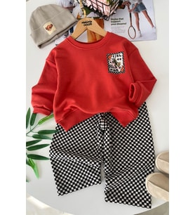 Dama Desenli Pantolonlu Kaplan Baskılı Sweatshirt Erkek Çocuk 2’li Takım - Kiremit