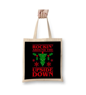 Rocking Around The Upside Down Stranger Things Beyaz Bez Çanta Uzun Saplı Alışveriş Çantası