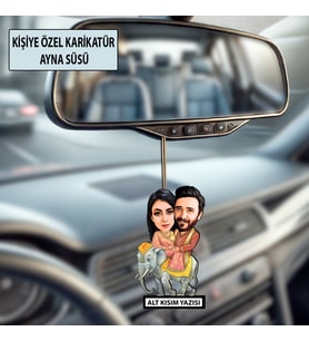 Kişiye Özel 2 Kişilik Fil Üstünde Sevgili Karikatürlü 10 cm MDF Araç Dikiz Aynası Süsü - Sevgiliye ve Eşe Hediye Çiftlere Özel Hediye