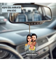 Kişiye Özel 2 Kişilik Fil Üstünde Sevgili Karikatürlü 10 cm MDF Araç Dikiz Aynası Süsü - Sevgiliye ve Eşe Hediye Çiftlere Özel Hediye