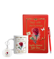 Sevgililer Gününe Özel Kırmızı Defter Kalem Kupa & Süblimasyon Anahtarlık Hediye Seti 15