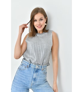 Kadın Bisiklet Yaka Lurex Kolsuz Triko Bluz (Gri)