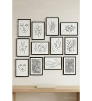 12 Parça Modern Line Art & Abstract 2 Renk Seçenekli Çerçeve Görünümlü Tablo Seti