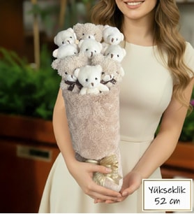 Deluxe Bej-Beyaz Peluş Ayıcıklı Bej Peluş Vazo Tasarımlı Ayıcık Buketi Sevgiliye Hediye