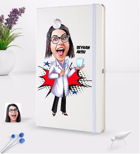 BK Gift Kişiye Özel Kadın Diş Hekimi Karikatürlü Beyaz Termo Deri Defter 16x24cm Model 2