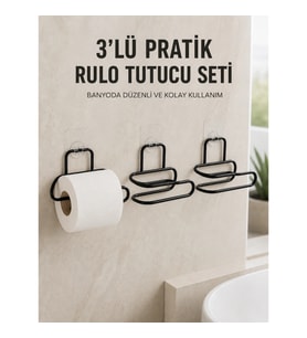Mey İthalat® 3’lü Yapışkanlı Tuvalet Kağıdı Tutucu Seti Siyah Duvar Tipi Rulo Kağıtlık