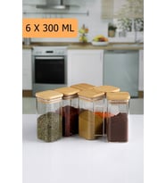 6'lı 300ml Kare Bambu kapaklı Cam Kavanoz Lüks Seri