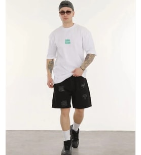Erkek Kısa Kol Yazlık Tişört Bisiklet Yaka Baskılı Oversize T-Shirt - Beyaz