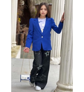 Kız Çocuk Baskılı T-shirt Bol Kesim Yıldız Detaylı Jean Pantolon Mavi Blazer Cek