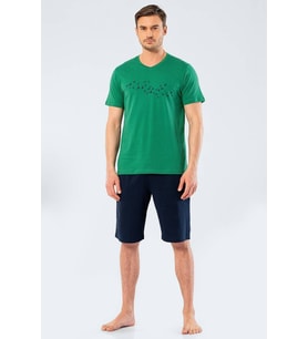 Türen Erkek Baskılı V Yaka Bermuda Şort Pijama Takım (Yeşil)