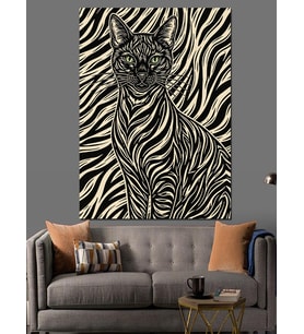 Zebra Desenli Sanatsal Kedi Portresi Dekoratif Kanvas - Mdf Ahşap Tablo