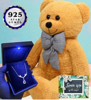 Işıklı Kutusunda 925 Ayar Gümüş Kolye ve 80cm Kahve Peluş Ayıcık (Model 7)