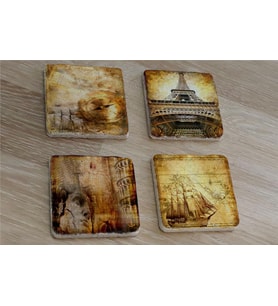 Kolaj Rönesans Eyfel Kulesi ve Eski Savaş Gemisi Doğal Taş Bardak Altlığı 4'lü set - Natural Stone Coasters