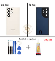 Samsung S23 Ultra Krem Arka Pil Kapağı Batarya Kapağı Lazer Kesim + Yapıştırıcı ve Vida Seti
