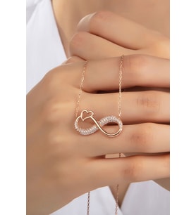 Kadın Orijinal 925 Ayar Gümüş Zirkon Taşlı Sonsuzluk Kalpli Model Kolye (Rose)