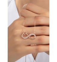 Kadın Orijinal 925 Ayar Gümüş Zirkon Taşlı Sonsuzluk Kalpli Model Kolye (Rose)