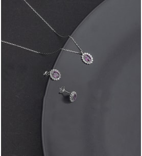 925 Ayar Gümüş Oval Ametist Model Kolye Ve Küpe