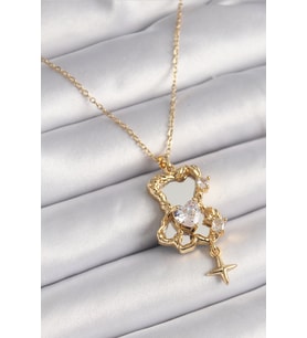 Tegan 316L Çelik Gold Renk Zincir Ayna Ayıcık Model Zirkon Taşlı Kalp Model Kadın Kolye TG27BKO9626 (Çok Renkli)