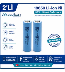Aspilsan 18650 2600mAh 3.7V Li-ion Şarjlı Pil 2'li Paket INR18650A28 Orijinal Yerli Üretim Lityum İyon Batarya