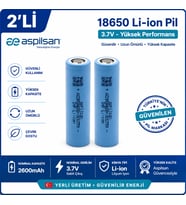 Aspilsan 18650 2600mAh 3.7V Li-ion Şarjlı Pil 2'li Paket INR18650A28 Orijinal Yerli Üretim Lityum İyon Batarya