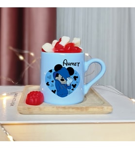 Mickey Mouse Tasarımlı Kişiye Özel Mavi Türk Kahvesi Fincan