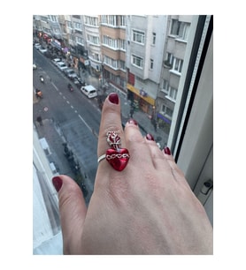 Gotik Kalp Kırmızı Detay Kadın Ayarlanabilir Çelik Yüzük